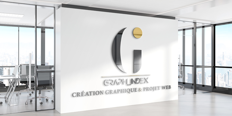 Mise en scène du logo Graphindex sur le mur de l'entreprise